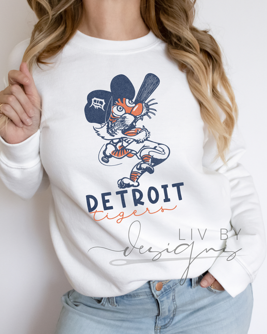 Cartoon Motor City Tigers Baseball Crewneck | Vintage-Inspired Detroit Tiger Design Ink Soaked Design | Detroit Tiger apparel