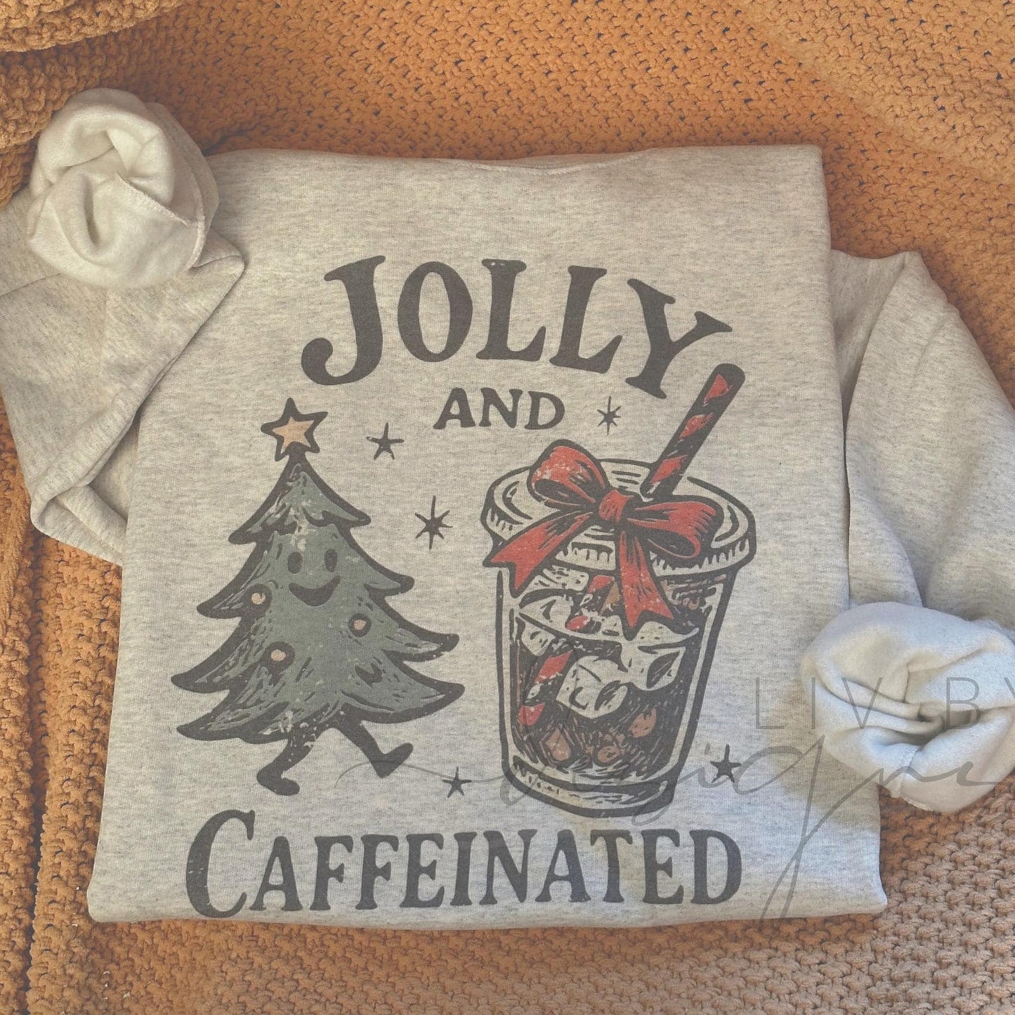 “Ash grey Gildan crewneck with Jolly and Caffeinated Christmas coffee design”