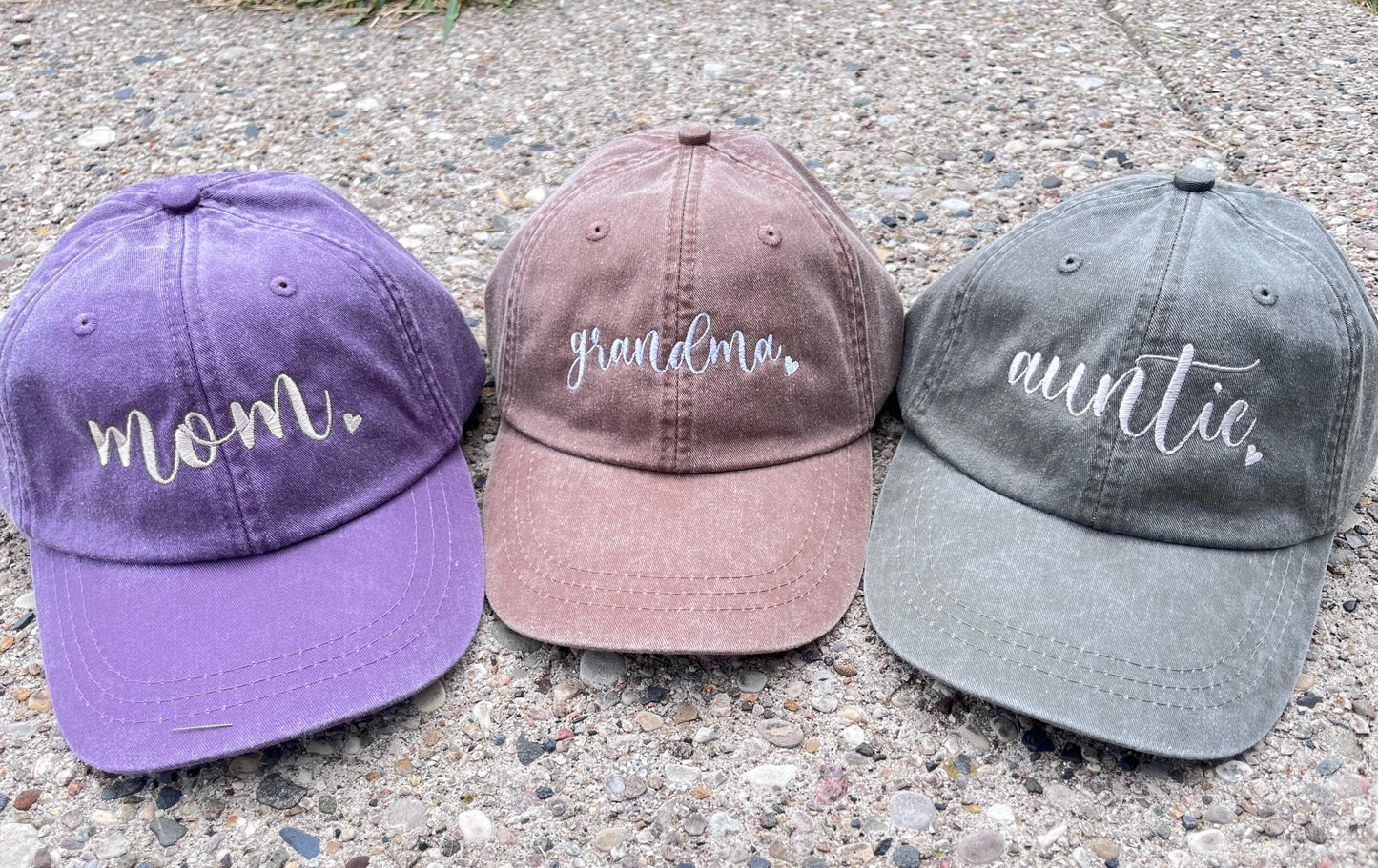 Large cursive name Baseball Cap Pigment Dyed with Leather Strap for adjustment