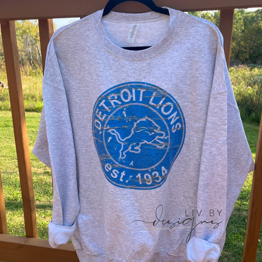 Vintage Detroit Football Circle Logo Crewneck | Football Dye Sublimated Lions Apparel