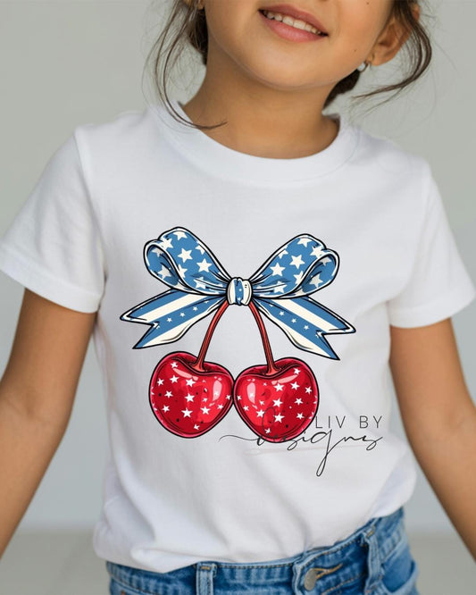 Patriotic Cherry Bow Kids Shirt | Fourth of July Toddler Tee | Red White & Blue Coquette Americana Shirt __etsy:8112673822