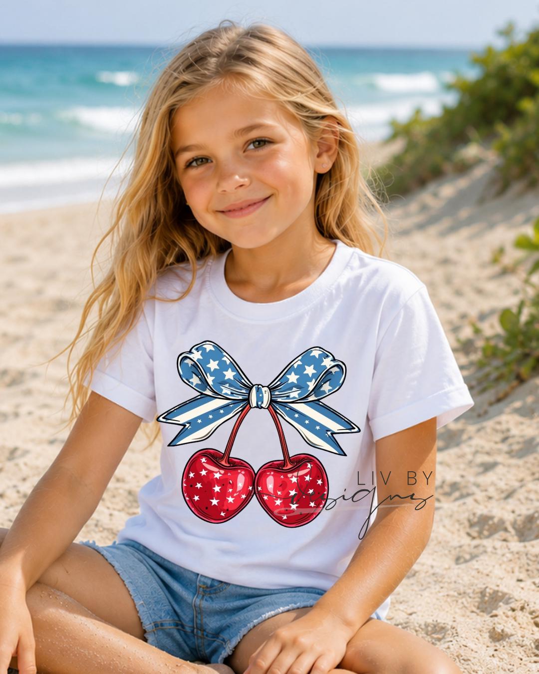 Patriotic Cherry Bow Kids Shirt | Fourth of July Toddler Tee | Red White & Blue Coquette Americana Shirt __etsy:8160584123