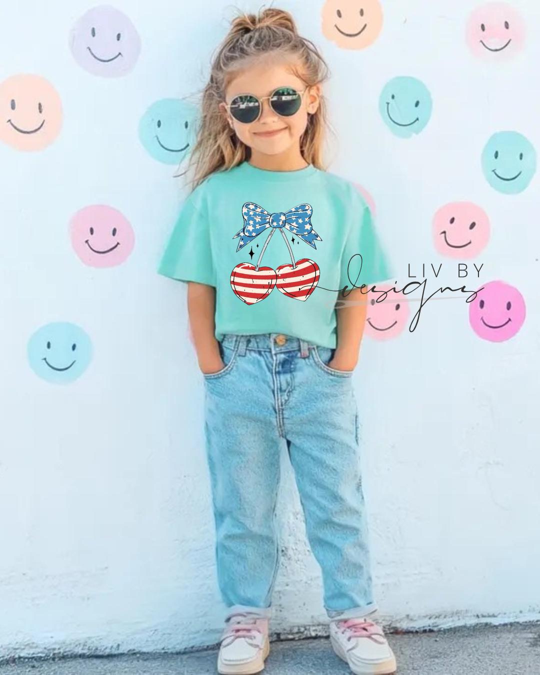 Patriotic Heart Cherries Kids Shirt | Fourth of July Toddler Tee | Coquette Americana Cherry Bow Shirt __etsy:8112680434