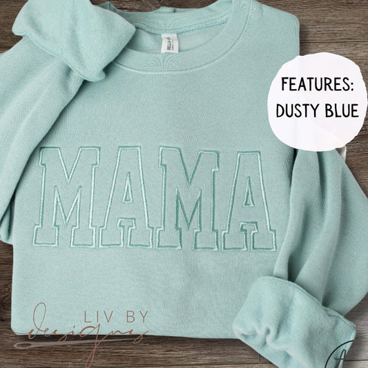 Personalized Mama Crewneck Custom Embroidery Design Heart Sleeve Detail Family Names Customized Bella Canvas Sweatshirt Mother Day Gift Idea Relaxed Fit Pullover Varsity Block Lettering Comfortable Unisex Style Premium Quality Material