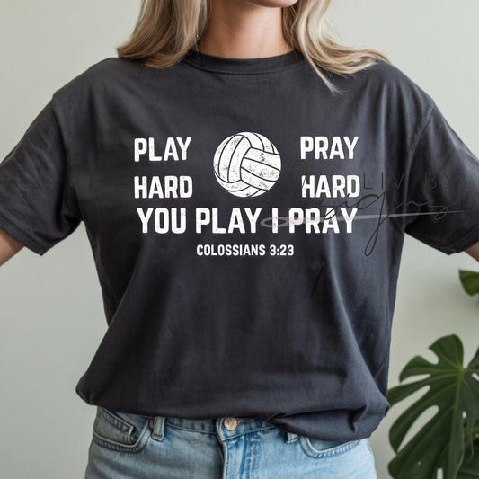 Play Hard Pray Hard Volleyball Tee | Comfort Colors Vintage Faith Shirt