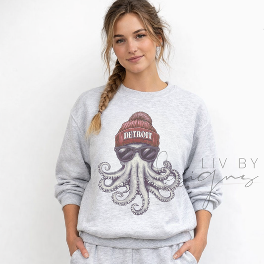 Detroit Hockey Crewneck Sweatshirt, Hockey Fan Pullover, Ash Gray Gildan Blend