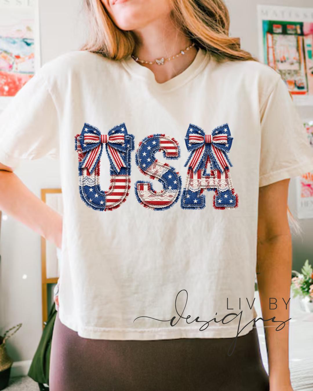 Stars and Stripes Faux Embroidery Design USA Graphic Crop Top | Bow & Print Patriotic 250th Anniversary Cropped T-shirt for the 4th of July __etsy:8105633220