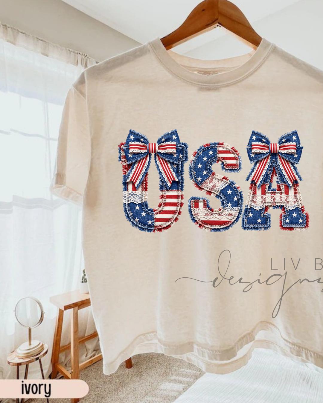 Stars and Stripes Faux Embroidery Design USA Graphic Crop Top | Bow & Print Patriotic 250th Anniversary Cropped T-shirt for the 4th of July __etsy:8153540285