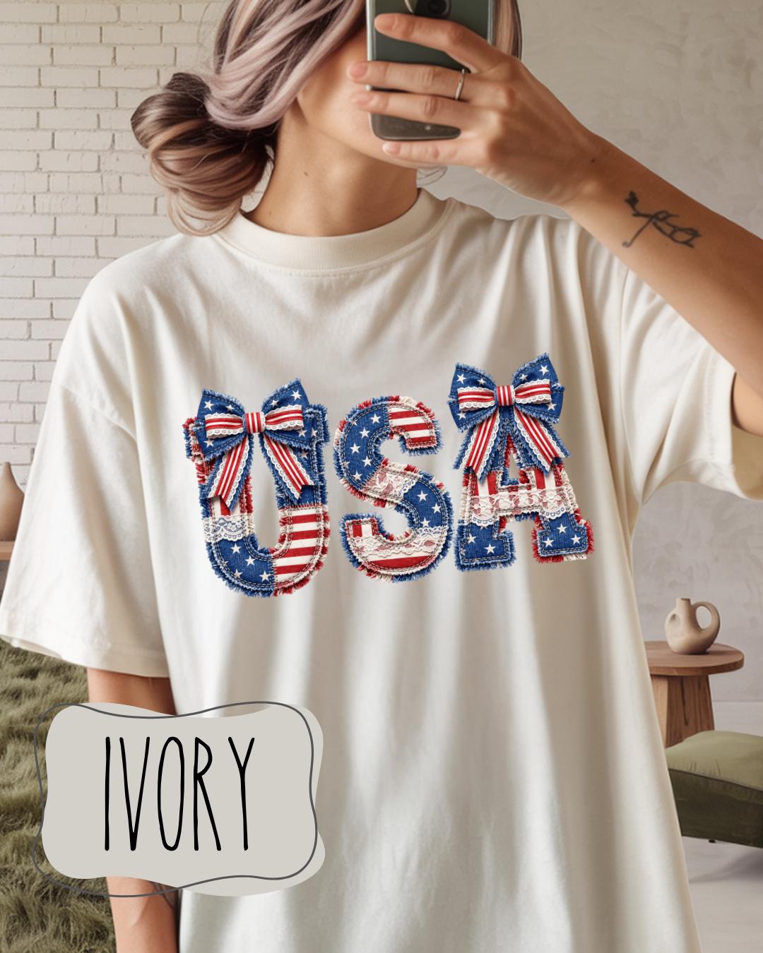 USA Patriotic Bow Tee | Comfort Colors 1717 | Fourth of July Shirt | Coquette Americana Graphic Tee __etsy:8160729159