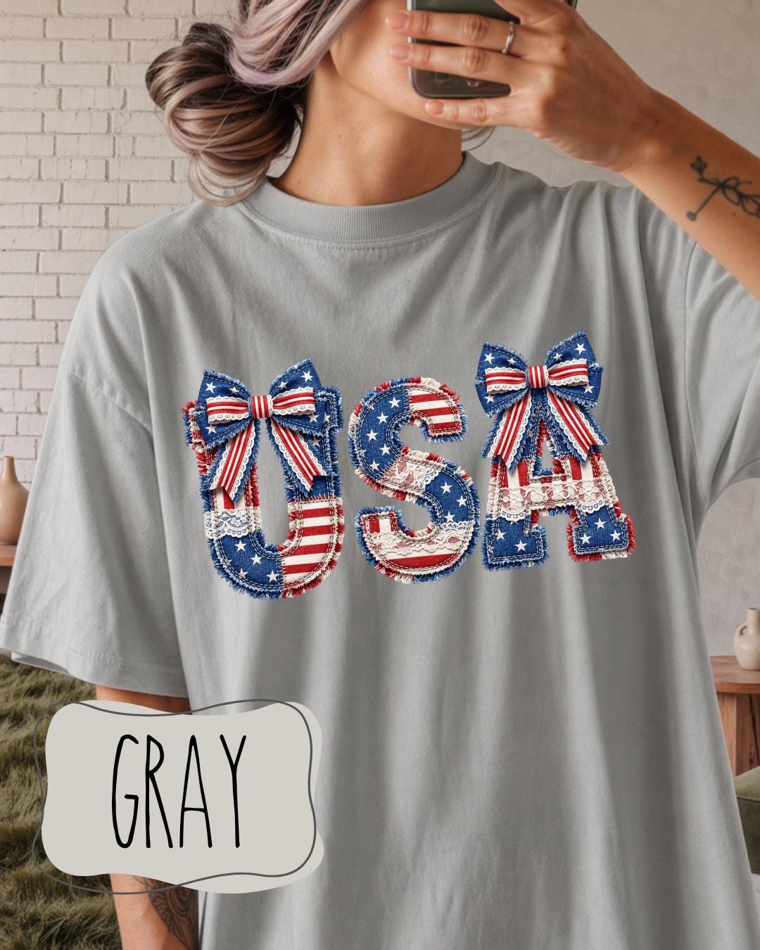 USA Patriotic Bow Tee | Comfort Colors 1717 | Fourth of July Shirt | Coquette Americana Graphic Tee __etsy:8160729187