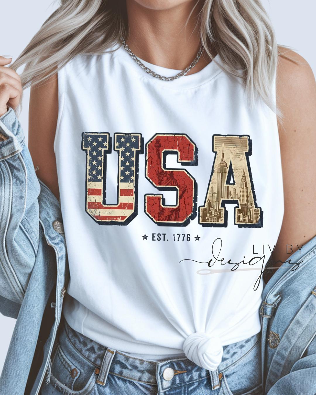 USA Retro Tank | Patriotic Retro tank | Comfort Colors Tank top | Patriotic large letter Graphic __etsy:8045613636