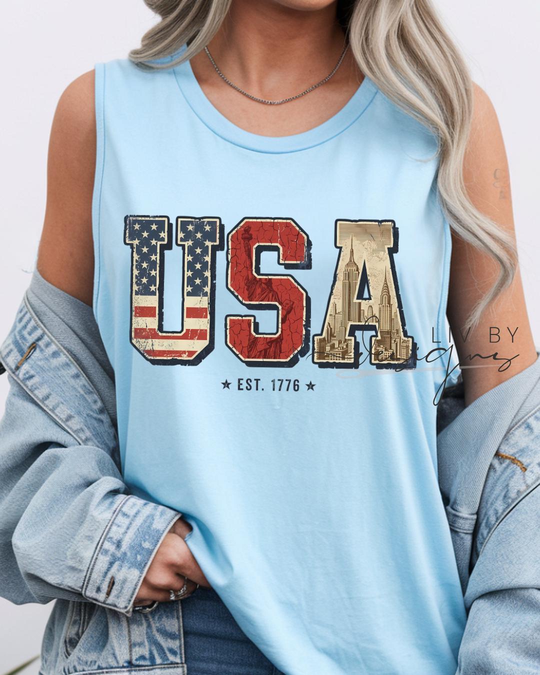 USA Retro Tank | Patriotic Retro tank | Comfort Colors Tank top | Patriotic large letter Graphic __etsy:8045614054