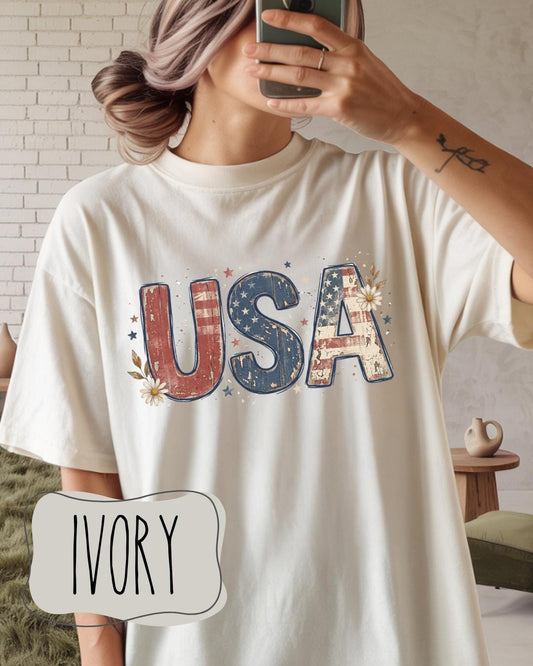 Vintage Floral USA Shirt | Comfort Colors 1717 | Patriotic Daisy Tee | Fourth of July Graphic Shirt __etsy:8160821837