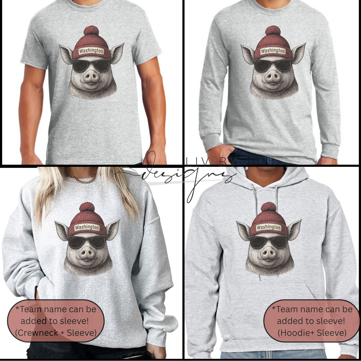 Funny football game day sweatshirt with pig in beanie and sunglasses