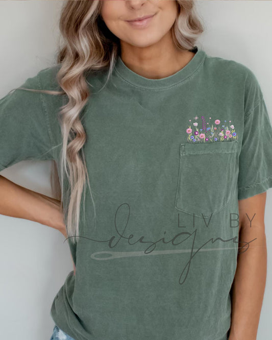 Wildflower Embroidered Pocket Tee – Comfort Colors Cotton Shirt