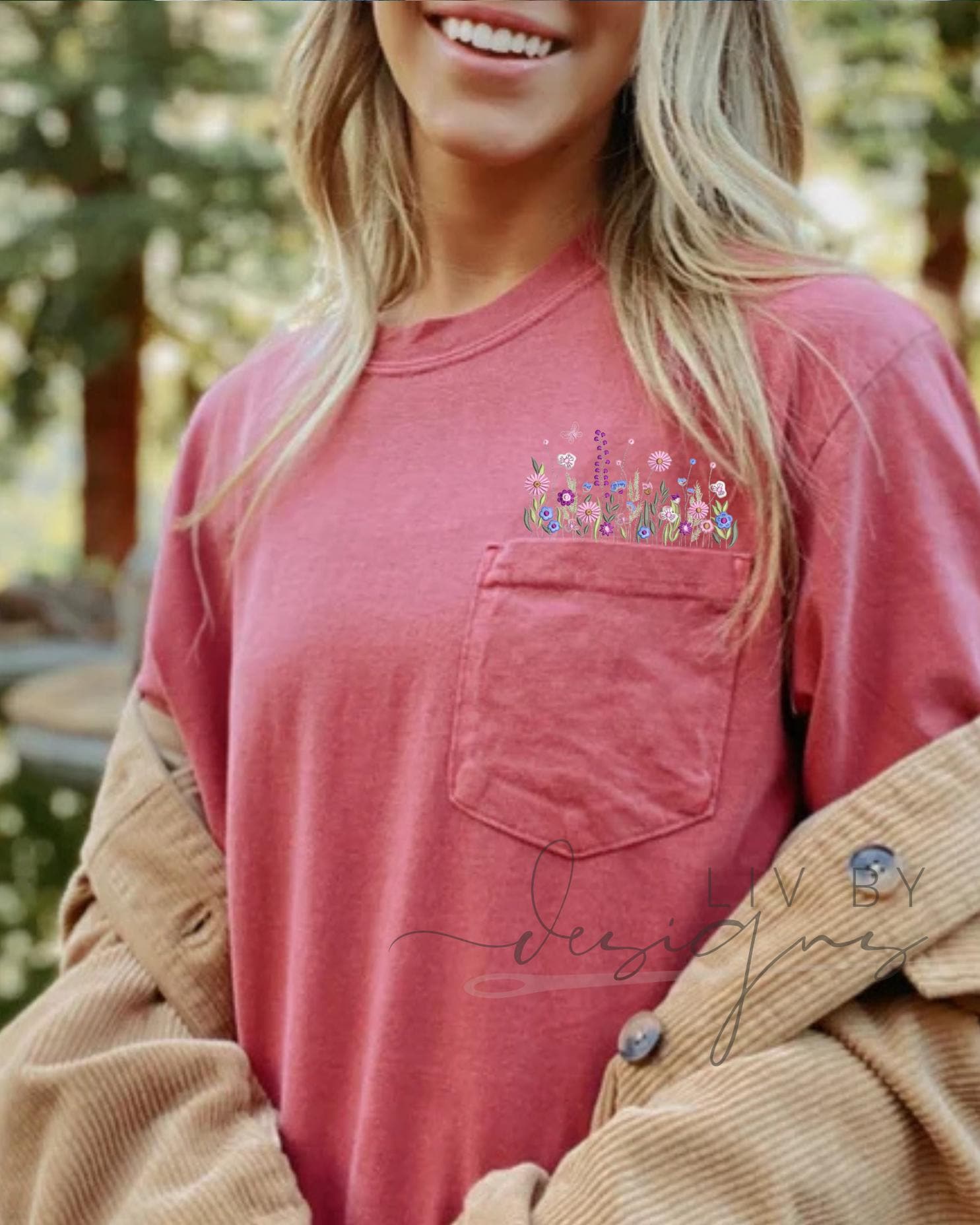 Wildflower Embroidered Pocket Tee – Comfort Colors Cotton Shirt