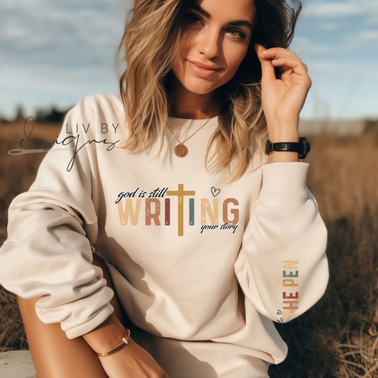 God is still writing your story | God's Plan Crew or Long Sleeve| Gildan Crew for Easter | Casual Christian wear | Durable DTF Transfer Sweater | Gift for Christian lovers | Inspirational Christian Apparel