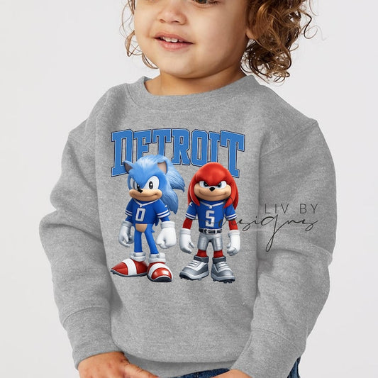 Sonic and Knuckles Detroit Football Crewneck | Detroit Lions Apparel for kids | Lions Sonic and Knuckles Crew for Toddler and Kids