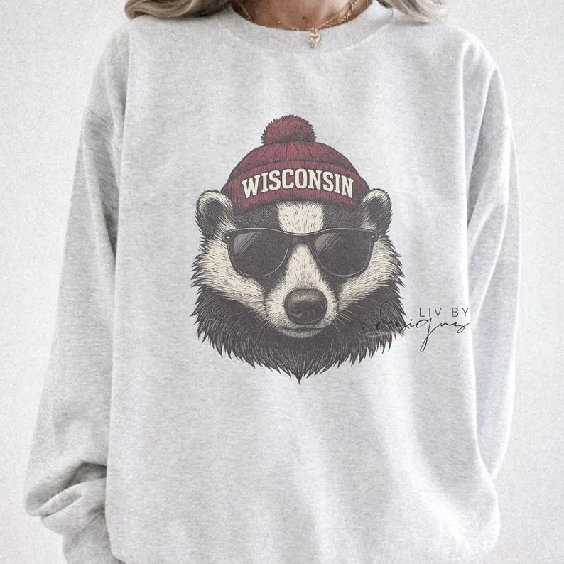 Badger Crew with beanie and shades | Everyday crew for fall | Gift for football lover | Football Spirit Animal Crew, Game Day Pullover
