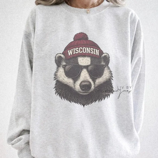 Badger Crew with beanie and shades | Everyday crew for fall | Gift for football lover | Football Spirit Animal Crew, Game Day Pullover