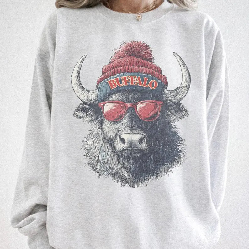 Buffalo Crew with beanie and shades | Everyday crew for fall | Gift for football lover | Football Spirit Animal Crew, Game Day Pullover