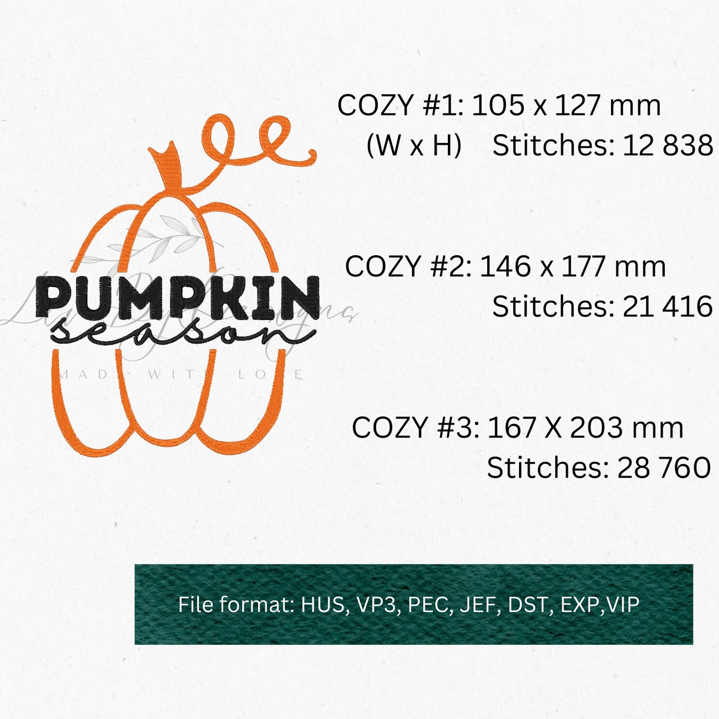 Pumpkin Season Embroidery File (dst, exp, hus, jef, pec, vp3, vip) (etsy image id: 5353844391)