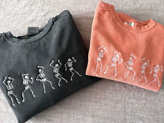 Dancing Skeleton Embroidered Crewneck | Comfort Colors Sweatshirt | Fall Halloween Sweatshirt | Cozy Spooky Season Pullover