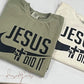 Flat lay of Comfort Colors “Jesus Did It” T-shirt styled with jeans and cozy cardigan, faith-inspired clothing for men and women. (etsy image id: 6261138099)