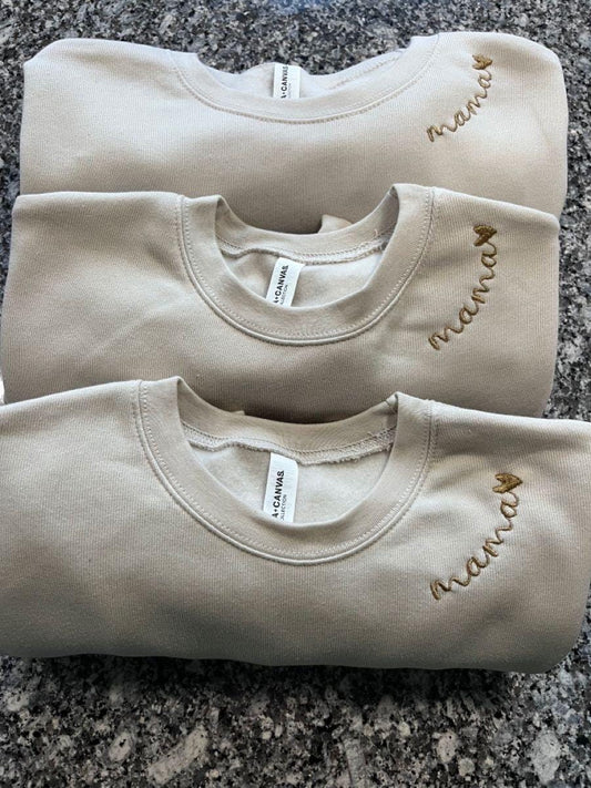 Soft sweater: Mama neckline Embroidered Personalized / customized sleeve with names for Mother's Day, New Mom, or friend Gift