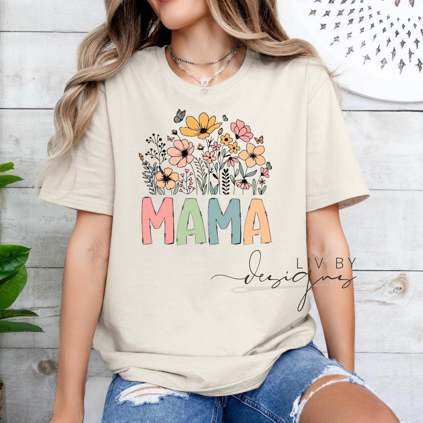 Comfort Colors MAMA t-shirt with pastel floral DTF print on neutral background (etsy image id: 6793920350)