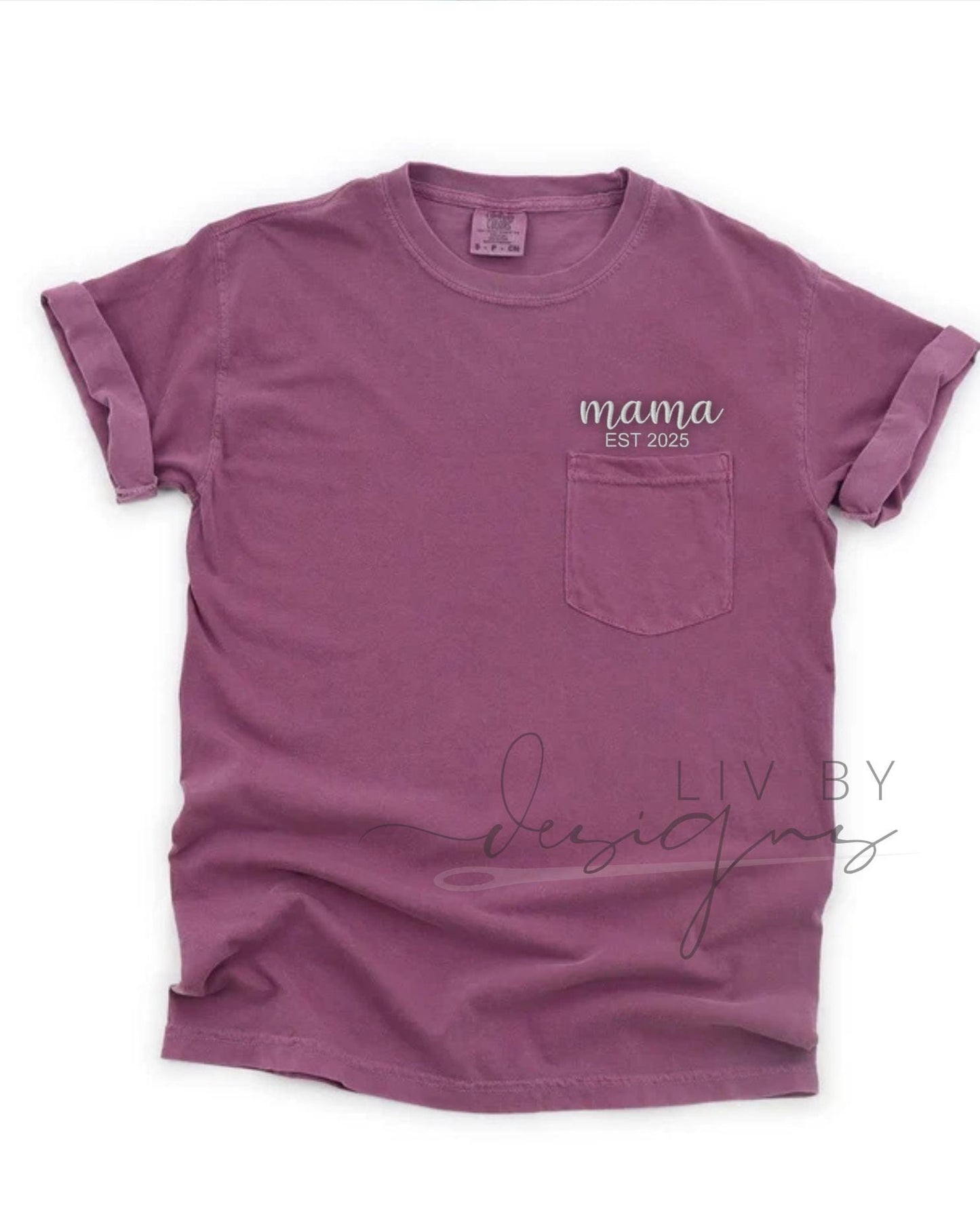 Mama Est. 2025 Embroidered Comfort Colors Pocket Tee | New Mom Gift (etsy image id: 6813344240)