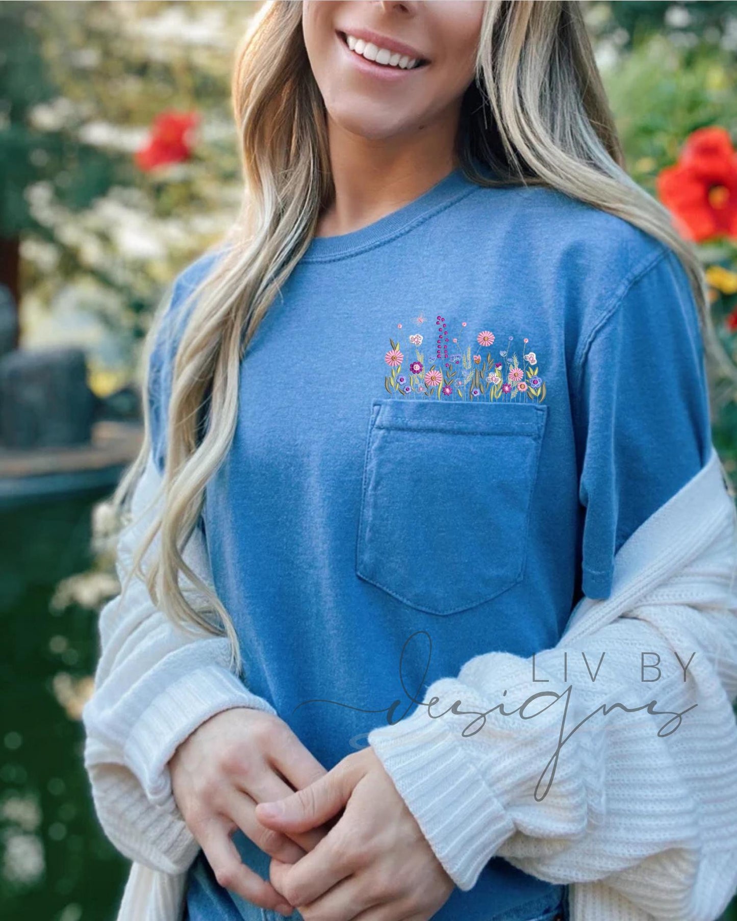 Wildflower Embroidered Pocket Tee – Comfort Colors Cotton Shirt (etsy image id: 6813413866)