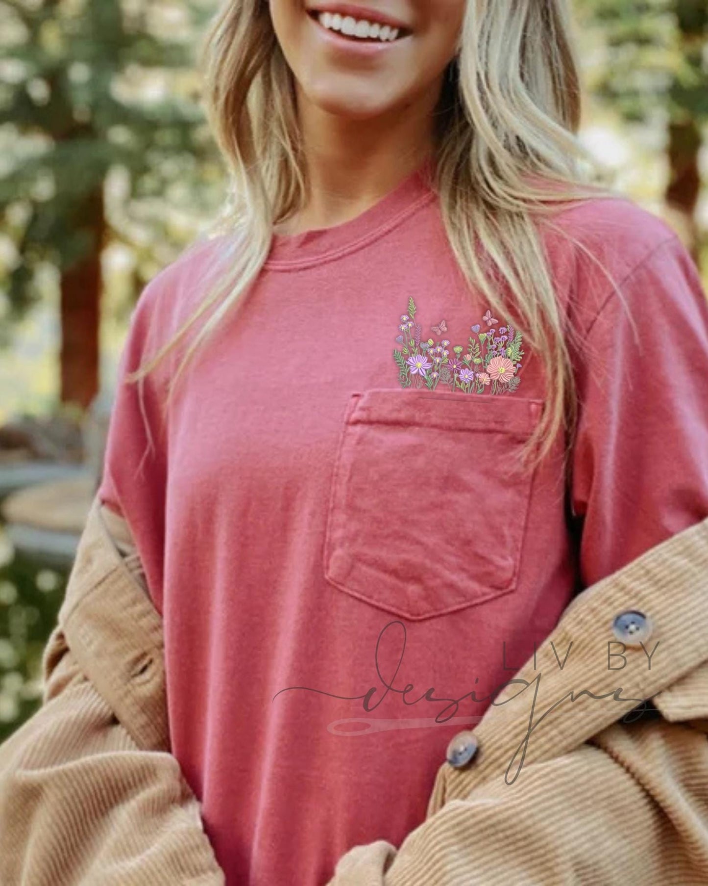 Embroidered Butterfly Wildflower Pocket Tee - Comfort Colors Cotton Shirt (etsy image id: 6813415994)