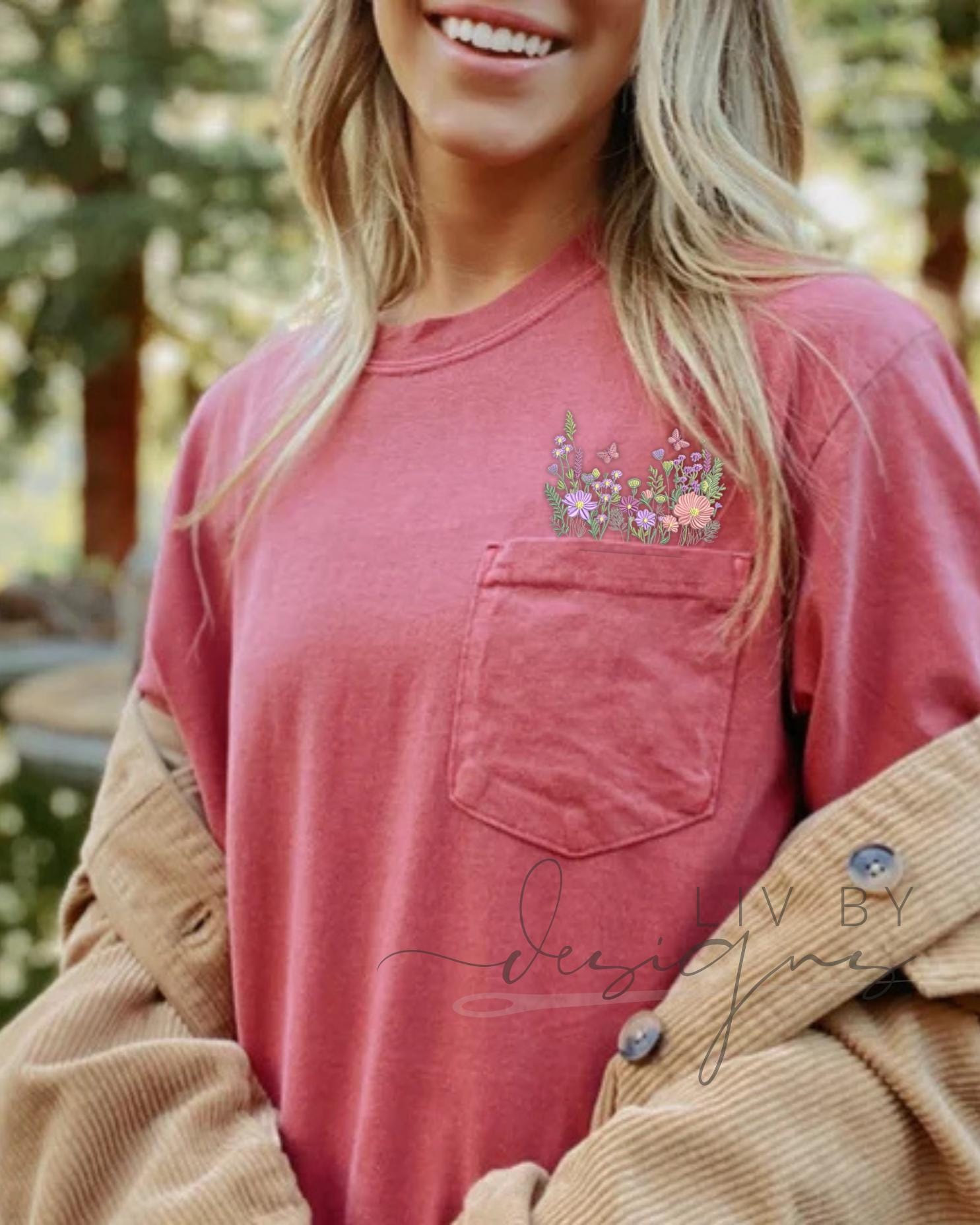 Embroidered Butterfly Wildflower Pocket Tee - Comfort Colors Cotton Shirt (etsy image id: 6813415994)