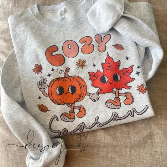 Gildan grey crewneck sweatshirt with Cozy Season pumpkin and leaf design (etsy image id: 6813546147)