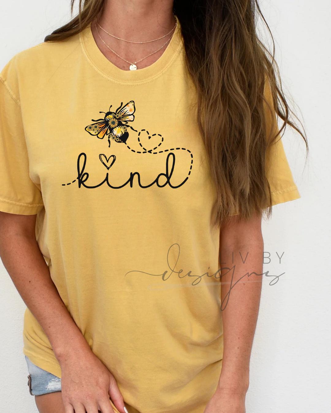 Yellow Comfort Colors faith tee with “Bee Kind” design (etsy image id: 6813978737)