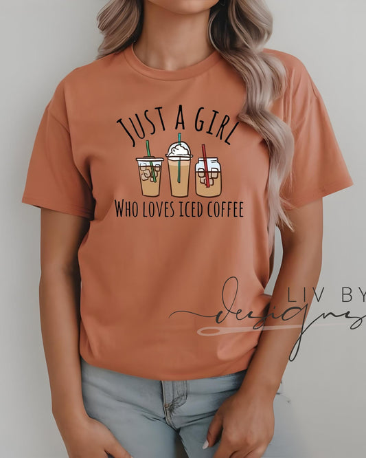 Close-up of iced coffee graphic and text on Comfort Colors tee. (etsy image id: 6814732112)