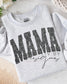 A gray sweatshirt with the word 'MAMA' printed in black with a leopard print pattern. The text 'Live By Designs' is printed in black cursive below the word 'MAMA'. (etsy image id: 6861555777)