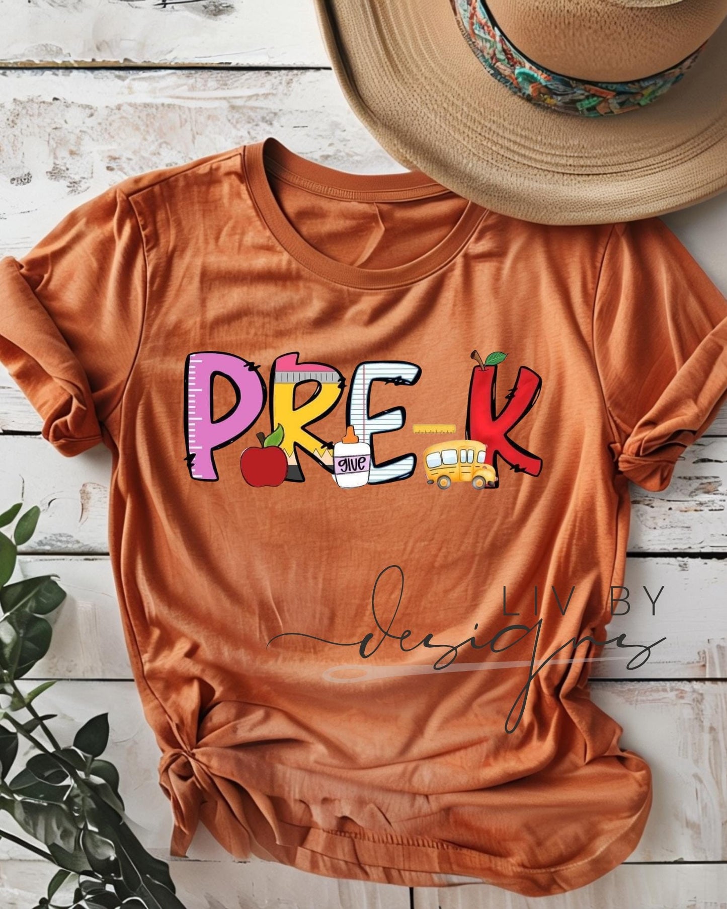 Comfort Colors Pre-K teacher shirt in YAM with colorful DTF school-themed design (etsy image id: 6862741311)