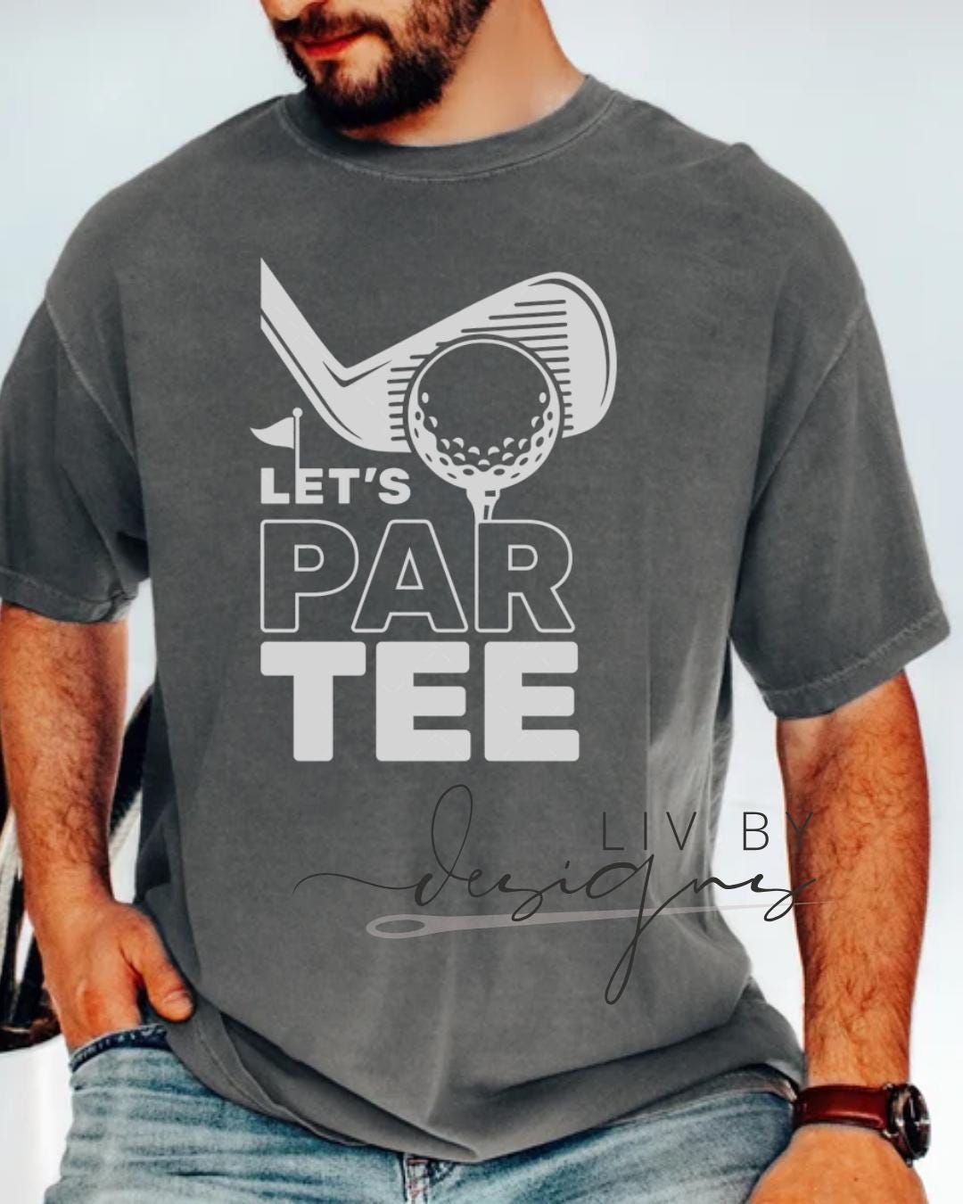 “Let’s Par Tee golf shirt on Comfort Colors tee in black with bold white print” (etsy image id: 6915668306)