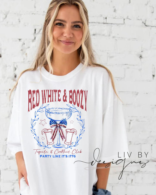 “Woman in white Comfort Colors tee with Red White & Boozy patriotic margarita design” (etsy image id: 6940896542)