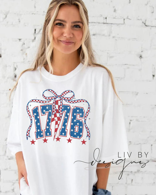 1776 Comfort Colors T-Shirt – Patriotic 4th of July Tee – Stars and Stripes Bow Shirt – USA Independence Day Outfit – Retro America Top