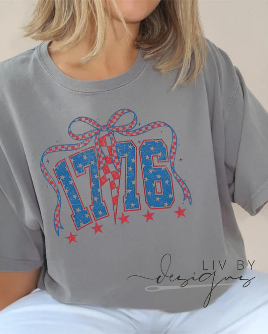“DTF 1776 patriotic tee in grey Comfort Colors shirt, flat lay style” (etsy image id: 6940917188)