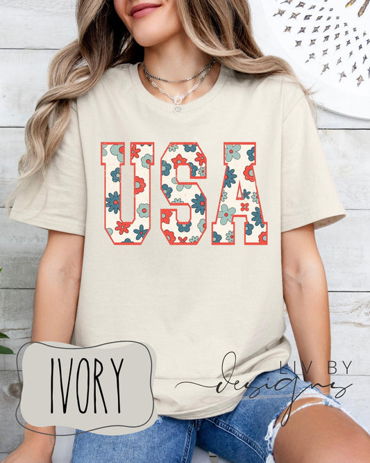 USA Floral T-Shirt – Comfort Colors Patriotic Tee – 4th of July Retro Shirt – Red White Blue Flowers – Vintage American Summer Top