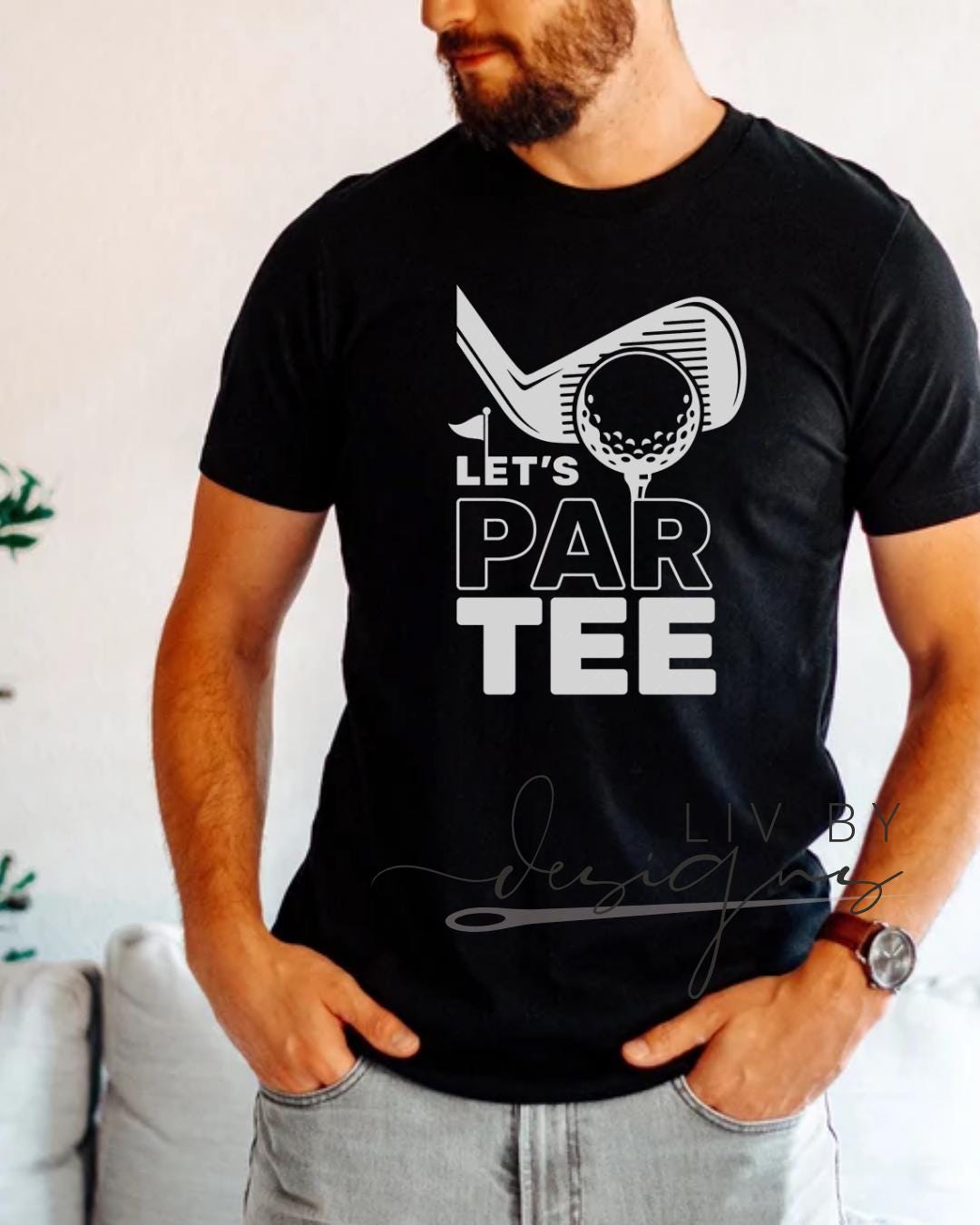 “Man wearing Let’s Par Tee Comfort Colors shirt in Pepper with golf-themed graphic” (etsy image id: 6963639689)