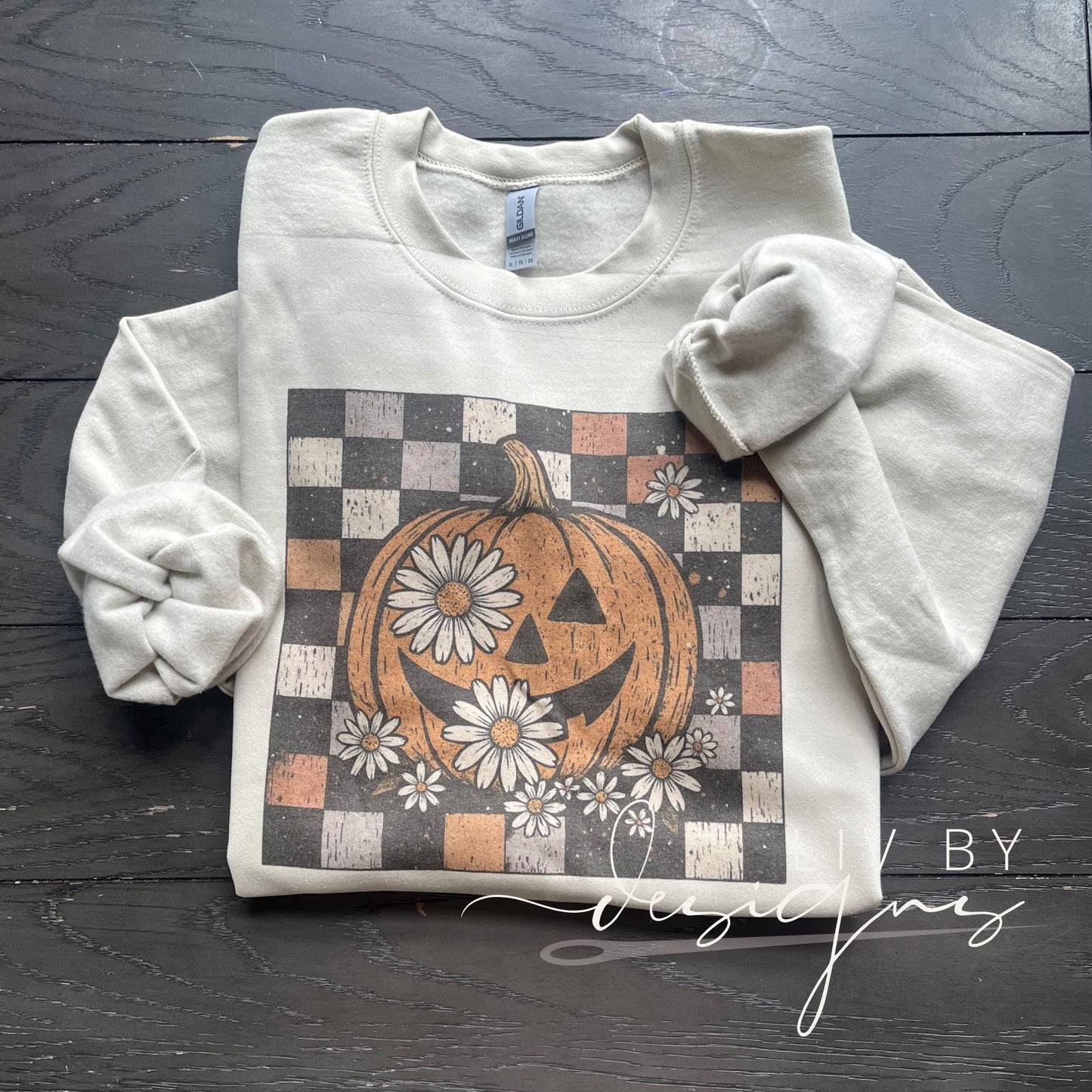 Vintage Halloween Sweatshirt | Pumpkin Daisy Floral, Checkerboard Crewneck (etsy image id: 7029499790)