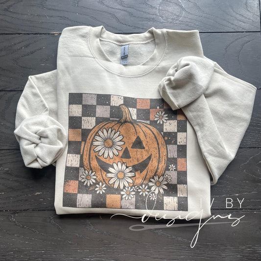 Vintage Halloween Sweatshirt | Pumpkin Daisy Floral, Checkerboard Crewneck (etsy image id: 7029499790)