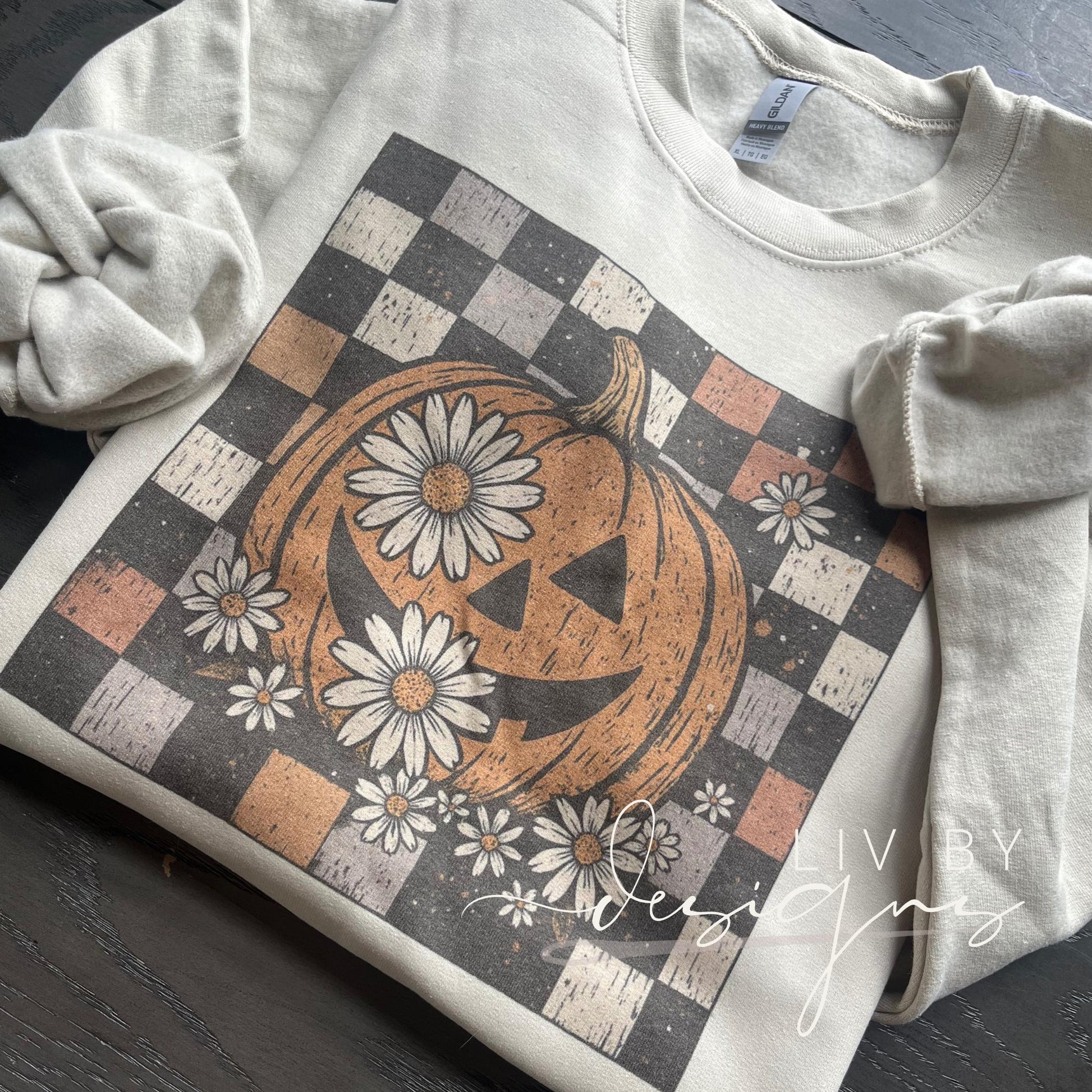 Vintage Halloween Sweatshirt | Pumpkin Daisy Floral, Checkerboard Crewneck (etsy image id: 7029499794)