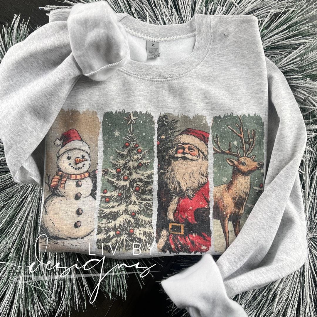 Retro holiday sweatshirt with sublimated Santa design. (etsy image id: 7036502684)