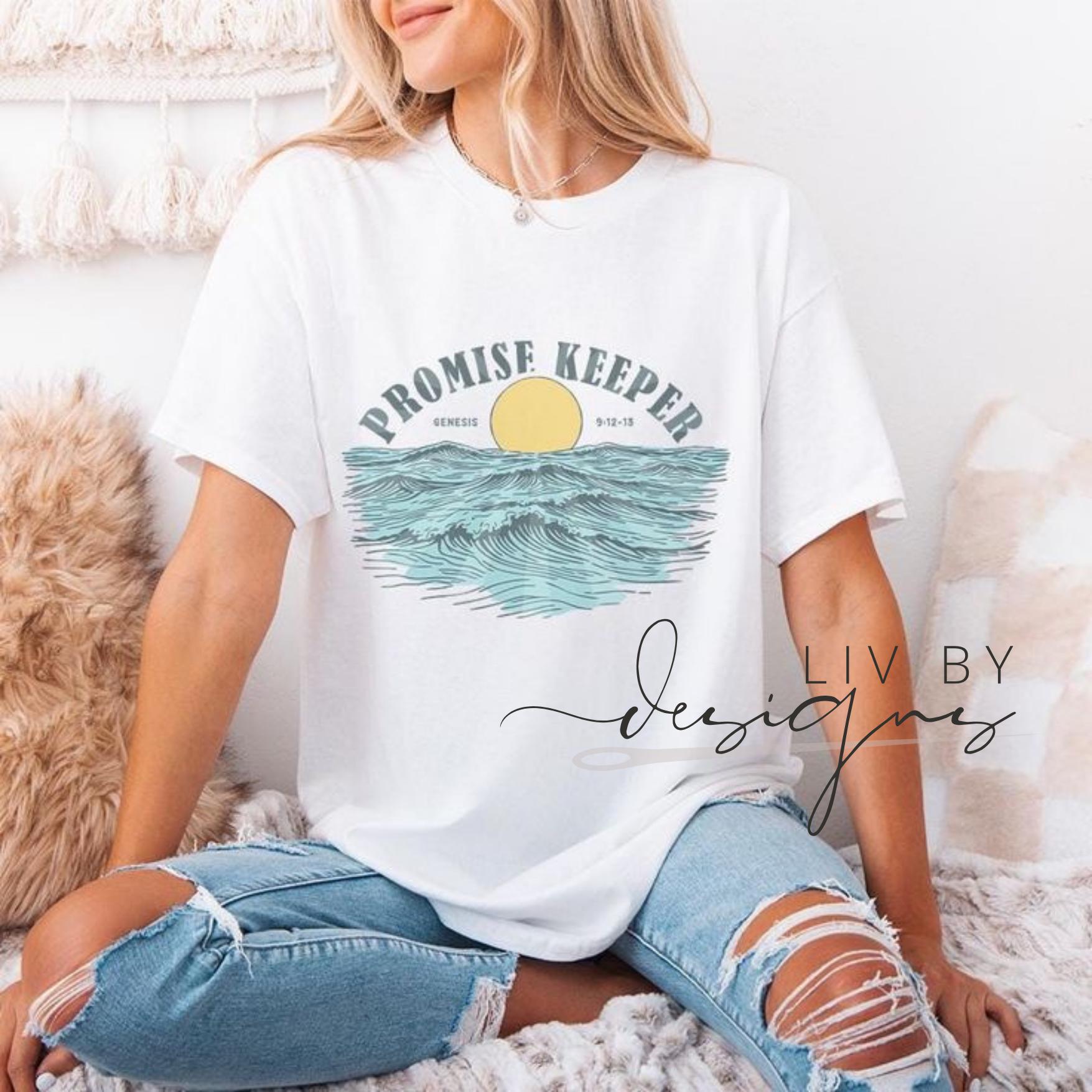 White Comfort Colors Promise Keeper faith-based shirt styled with ripped jeans. (etsy image id: 7057268943)